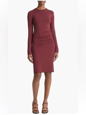 Vince Draped Long Sleeve Crewneck Dress In Black Rose